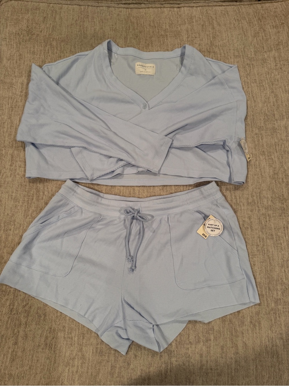 NWT Aeropostale Light Blue Women's Ribbed Set - Long Sleeve Top & Shorts